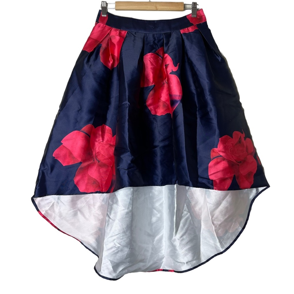 A. Peach Floral Satin Floral A-Line High Low Hem Midi Skirt